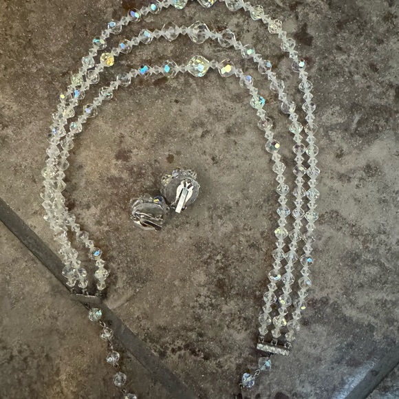 Vintage Crystal Necklace 3 Strands Clip On Earrings Aurora Borealis Set Art Deco - Picture 3 of 15